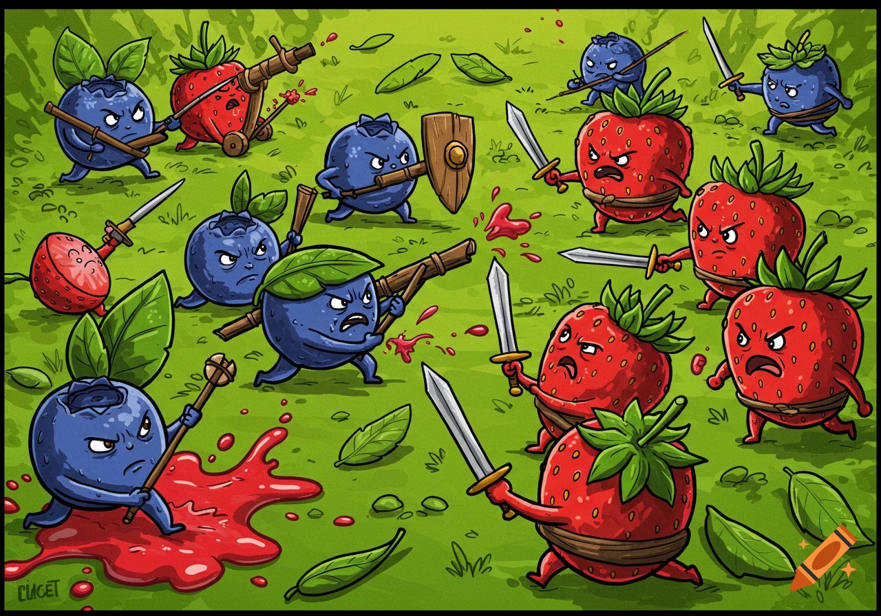 Cartoon illustration of blueberries and strawberries battling on a green field with weapons and red splatters.