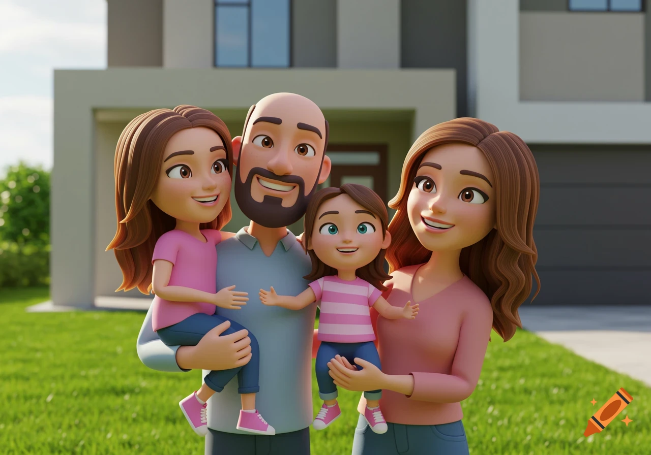 A joyful 3D animated family stands in front of their modern home.