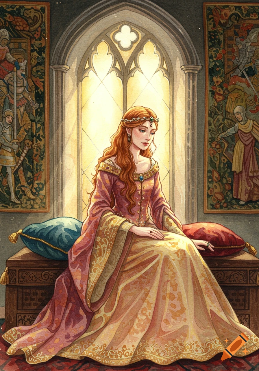 A medieval princess with long red hair sits by a sunlit gothic window, surrounded by tapestries, in a watercolor style.