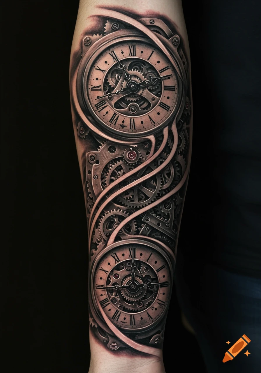 Realistic black and grey tattoo of two mechanical clocks and gears on a forearm, with exposed inner workings.
