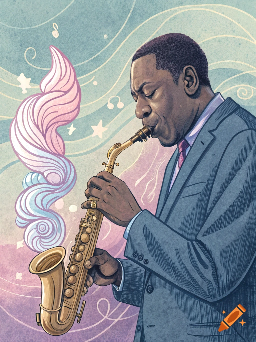 A stylized illustration of jazz musician John Coltrane playing a saxophone with pink and blue swirling elements emanating from it.