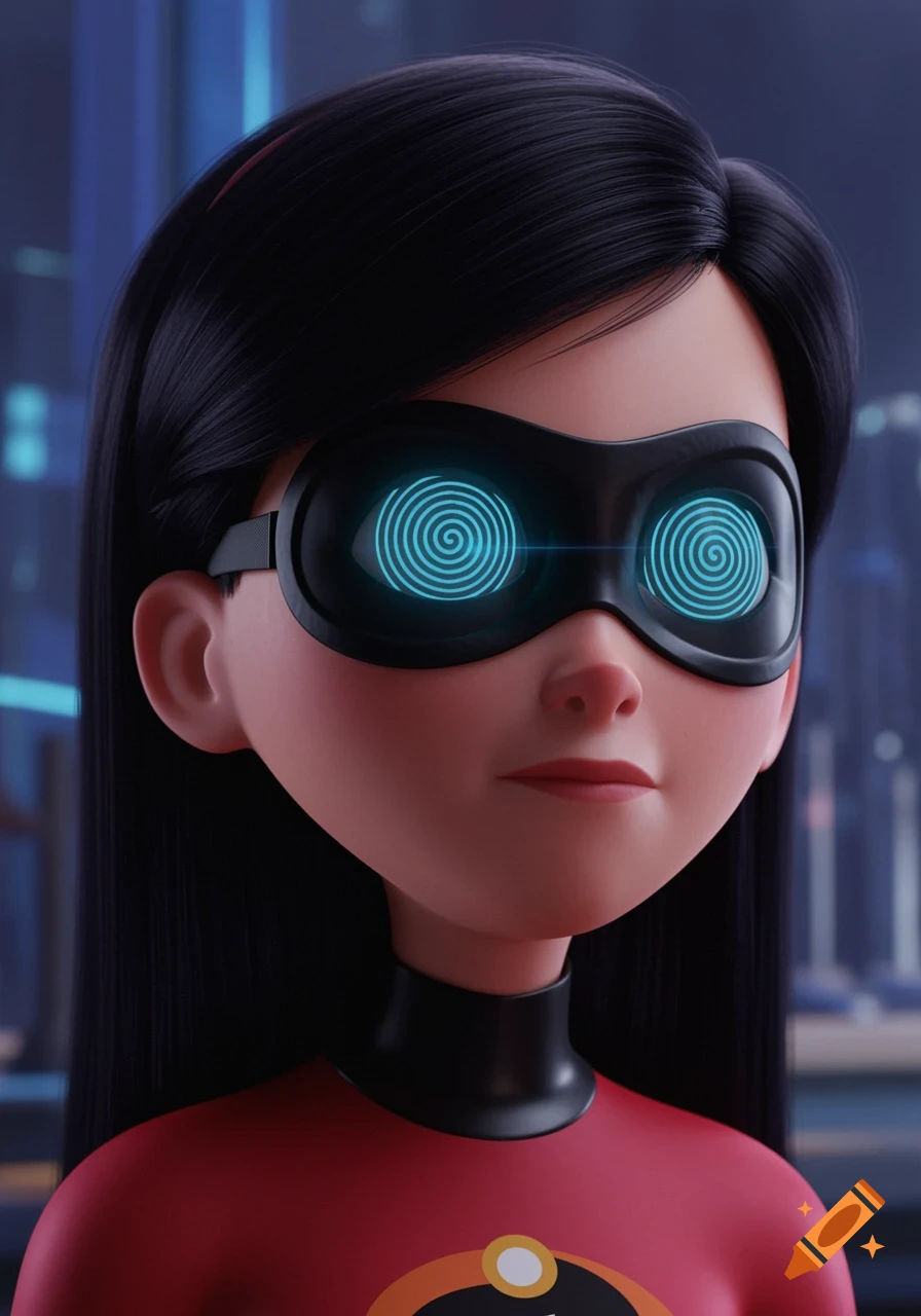 Close-up of animated Violet Parr from The Incredibles, wearing black goggles with glowing blue hypnotic spirals over her eyes.