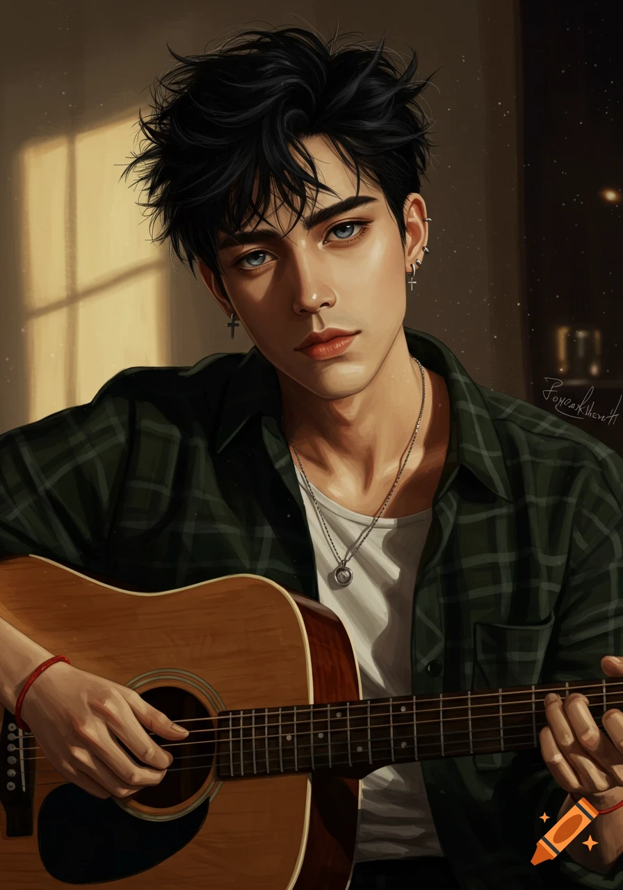 Semi-realistic portrait of a young man with black hair and gray eyes playing an acoustic guitar in a cozy room during golden hour.