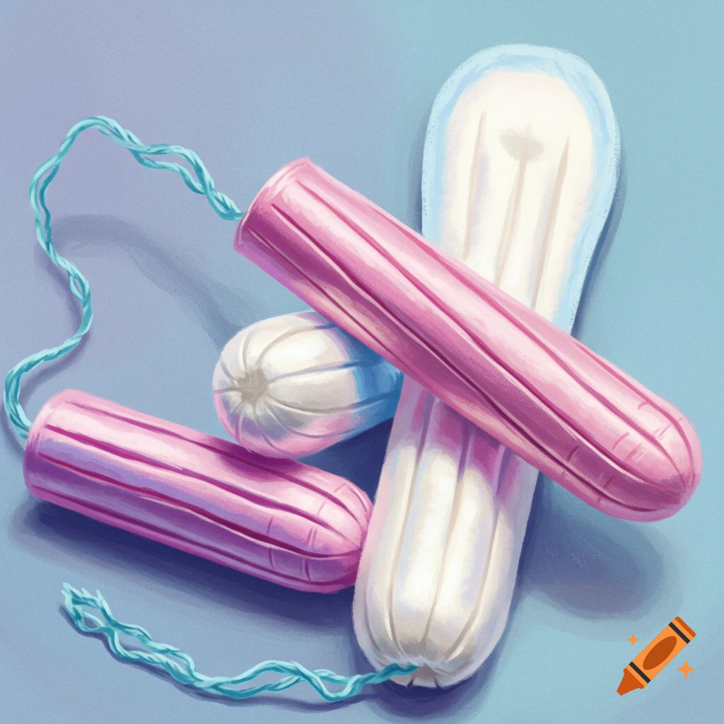 An illustrative overhead view of two pink tampons with teal strings and a white sanitary pad on a light blue background.