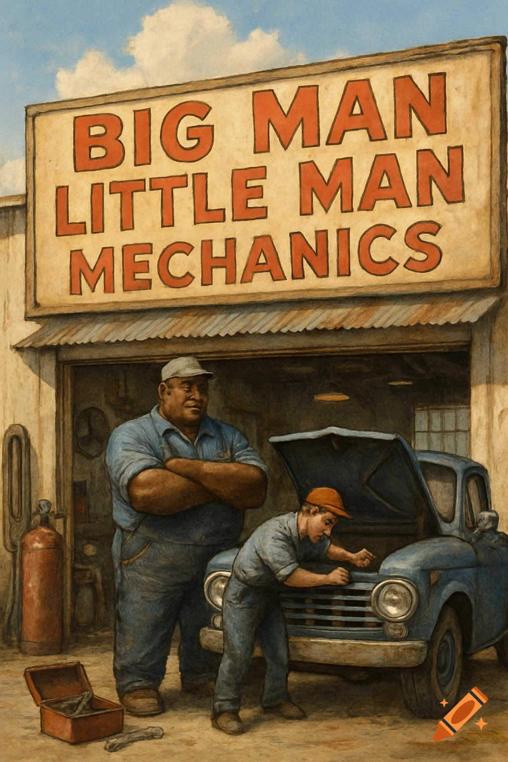 A painting shows two mechanics, a large man and a smaller one, at a garage under a sign that reads 'BIG MAN LITTLE MAN MECHANICS'.