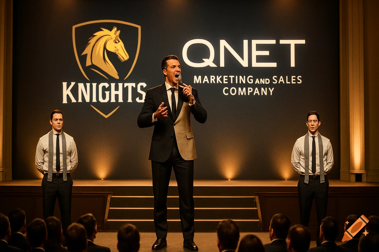 A man in a black and beige suit speaks into a microphone on a stage, flanked by two men in white shirts and gray scarves. A large screen behind them displays the QNET Marketing and Sales Company logo with a horse and the word KNIGHTS.