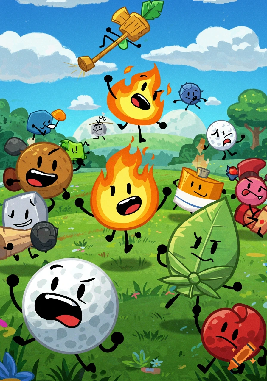 Cartoon image of multiple anthropomorphic objects including fire, a golf ball, and a leaf, with limbs and faces, in a vibrant green landscape.