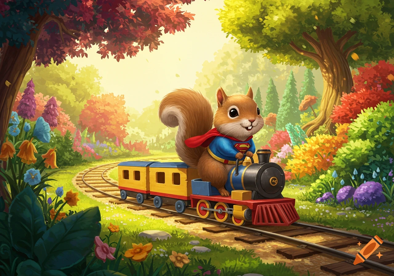 A cute, fuzzy squirrel dressed as Superman drives a small toy train through a vibrant, colorful garden filled with trees and flowers.