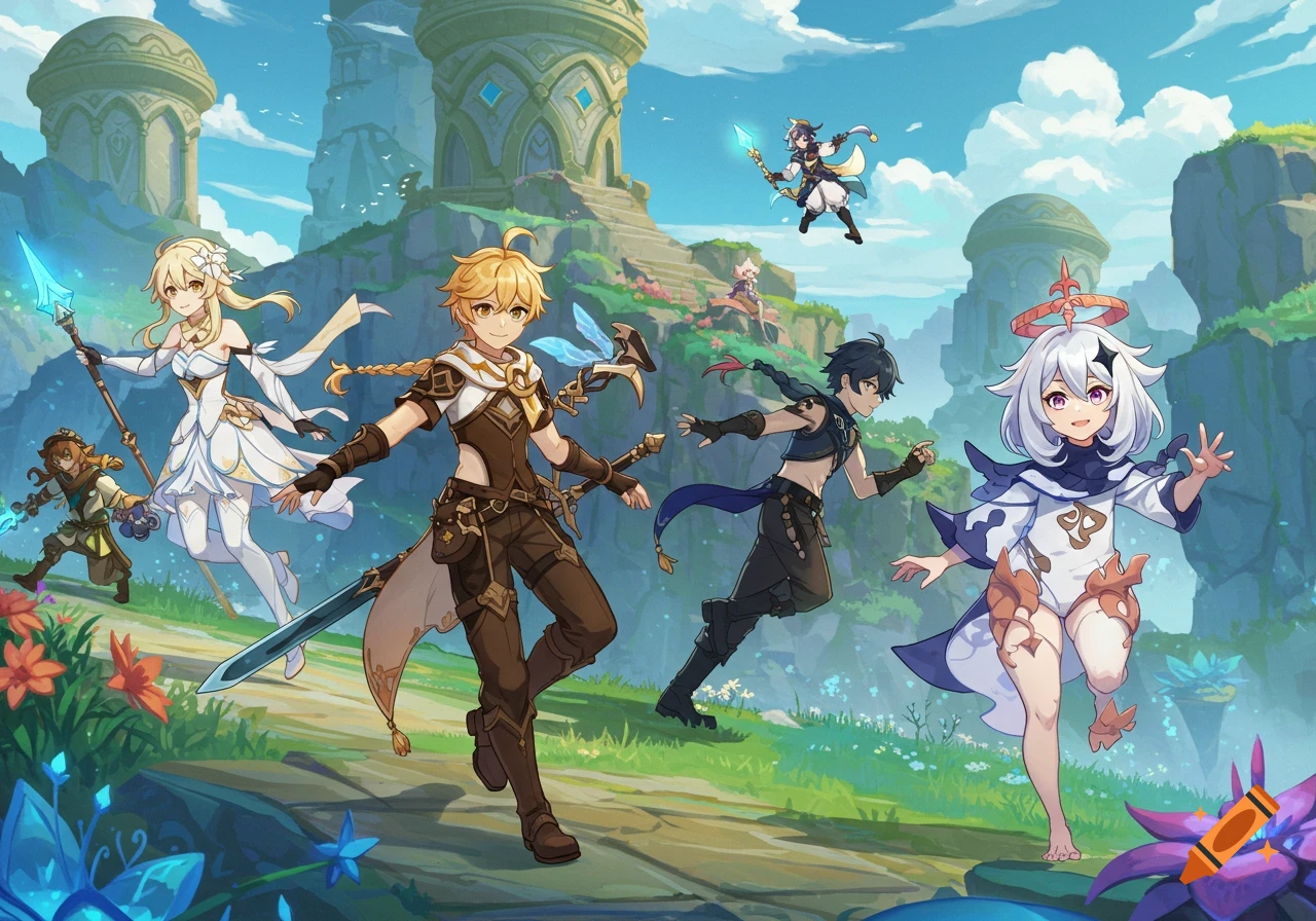 Genshin Impact characters Aether, Lumine, Paimon, Kazuha, Collei, and Tighnari running through a lush fantasy landscape.