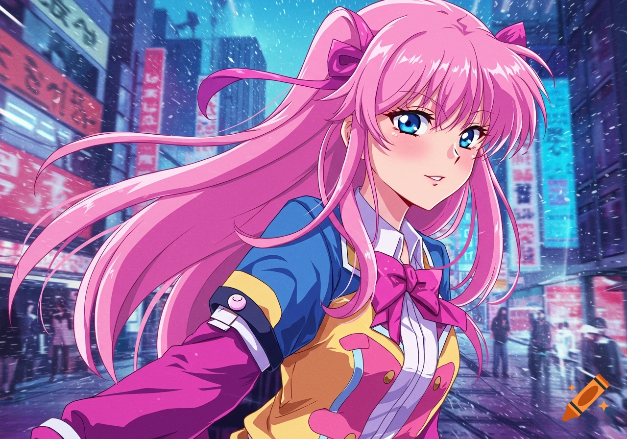Anime girl with pink hair and blue eyes, wearing a colorful uniform, smiling in a rainy city street at night.