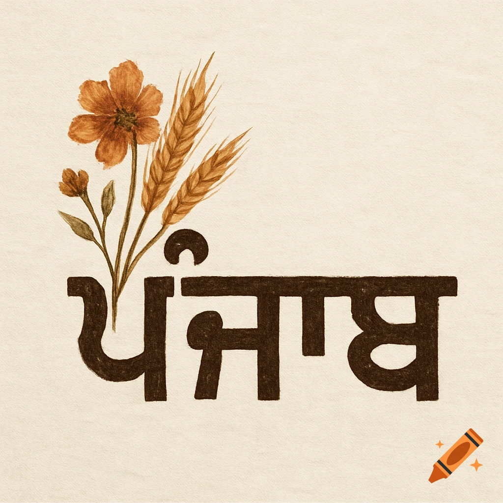 Watercolor illustration of the Punjabi word 'ਪੰਜਾਬ' in brown, with a flower and wheat stalks on a light background.
