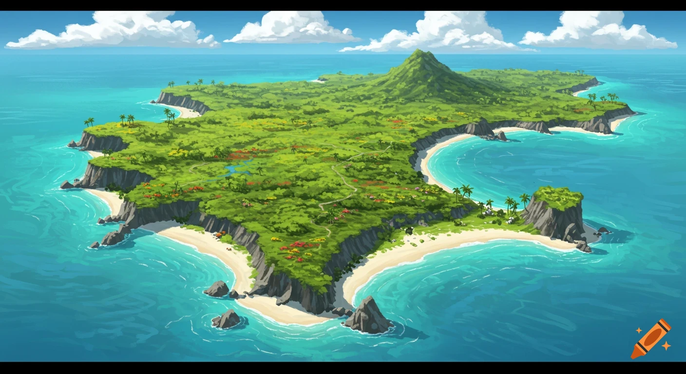 Illustrated aerial view of a lush green tropical island with sandy beaches, coves, and a mountain surrounded by blue ocean and clouds.