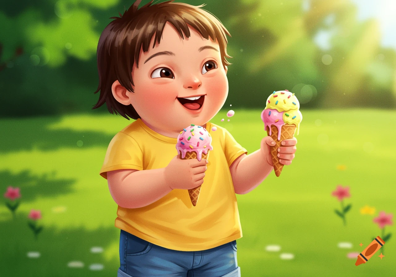 A happy cartoon child smiles while holding two ice cream cones in a sunny green park.