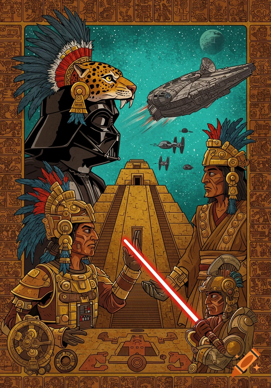 Star Wars and Aztec/Mayan art fusion: Darth Vader, spaceships, and figures in indigenous attire and armor.