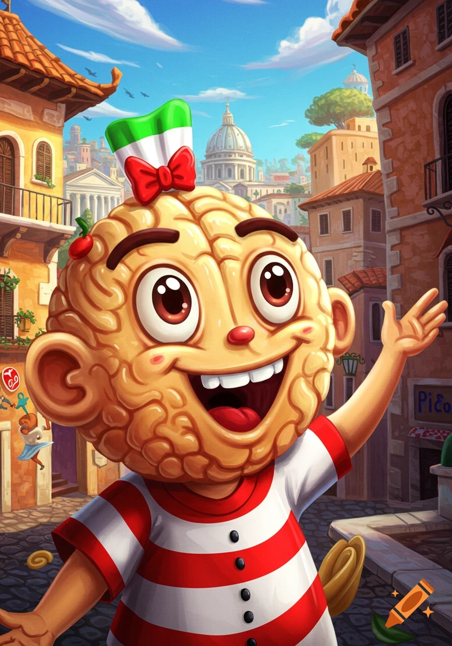 A happy cartoon character with a brain-like head, wearing an Italian flag hat and a red and white striped shirt, waves in a colorful Italian city street scene.