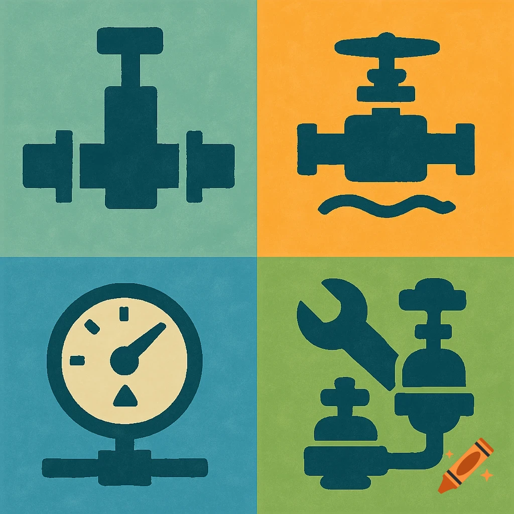 Four square panels with graphic icons: a valve, a valve with flow, a pressure gauge, and a wrench with a valve.