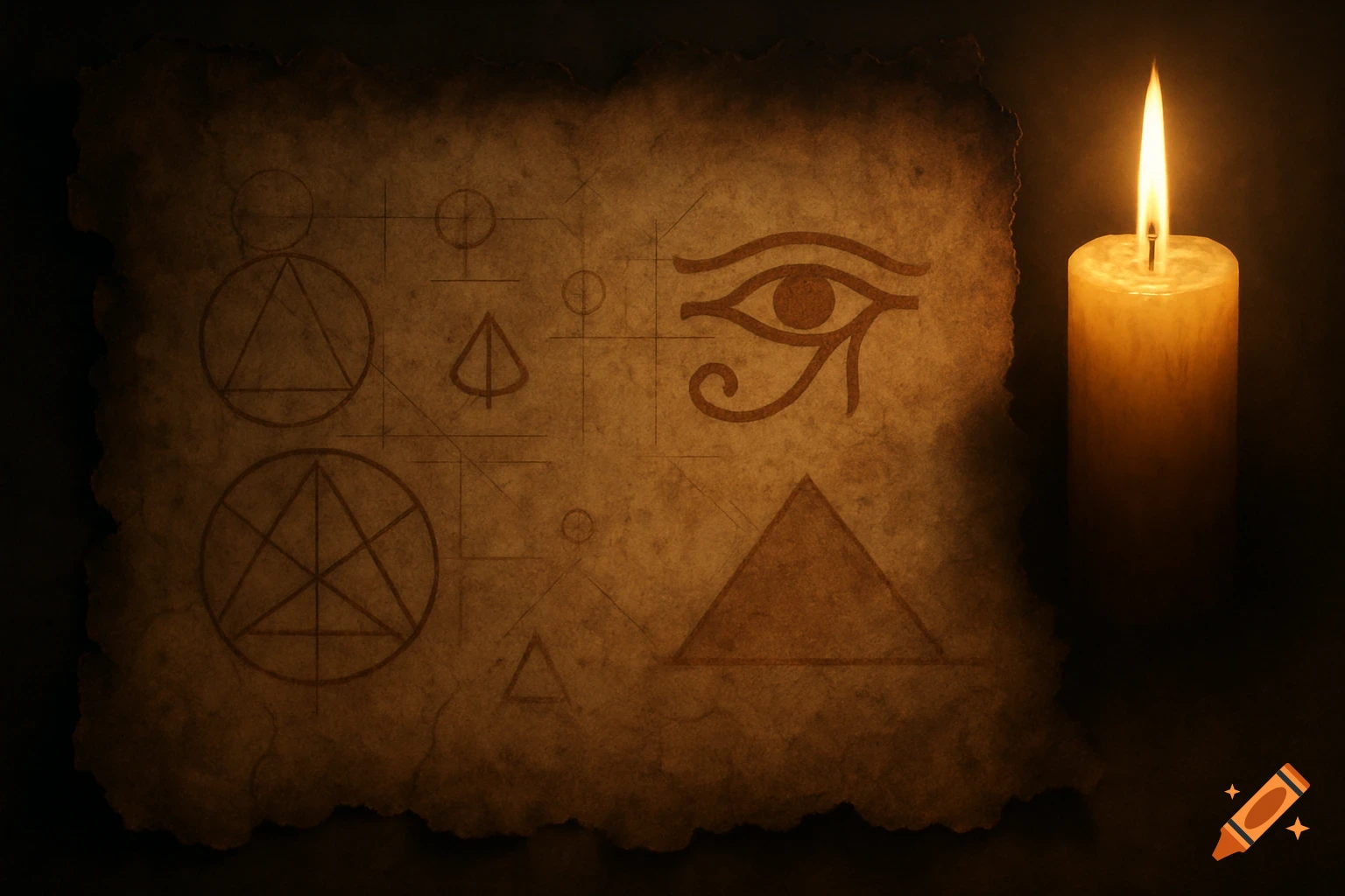 Ancient parchment with geometric symbols, Eye of Horus, and pyramid outline, lit by a flickering candle.