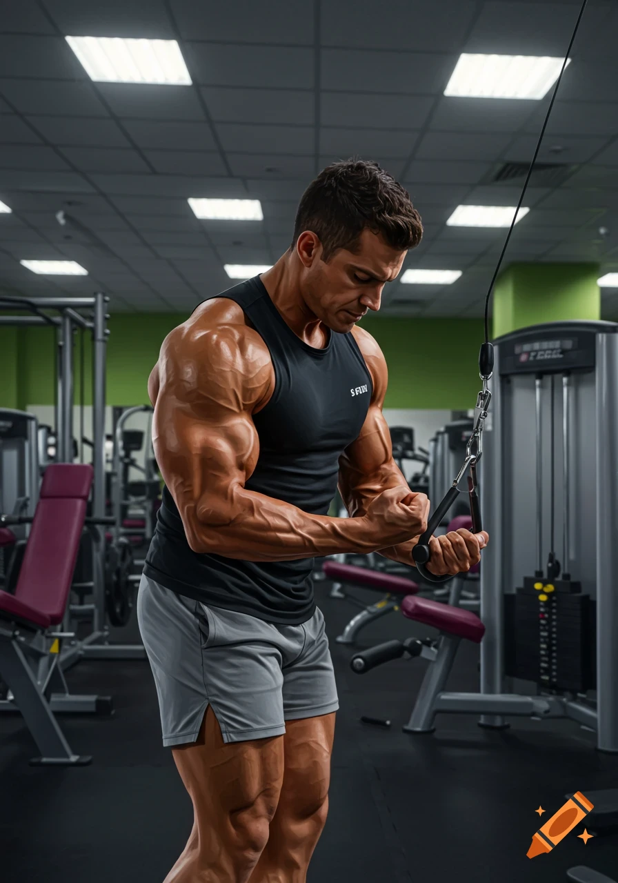 A muscular man in a black tank top and grey shorts works out at a gym, pulling a cable machine handle.
