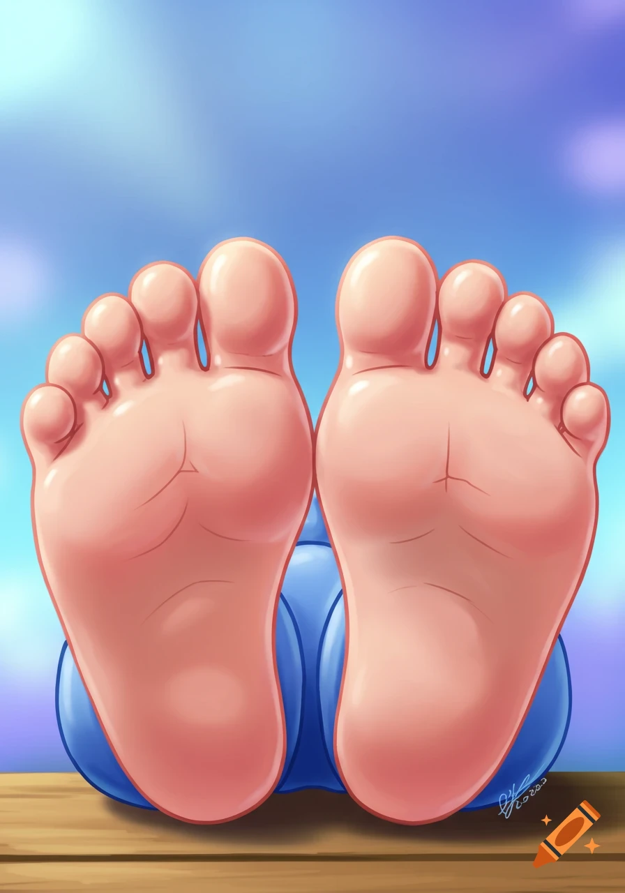 Two cartoonish soles of feet against a blue sky background and a wooden surface in anime style.