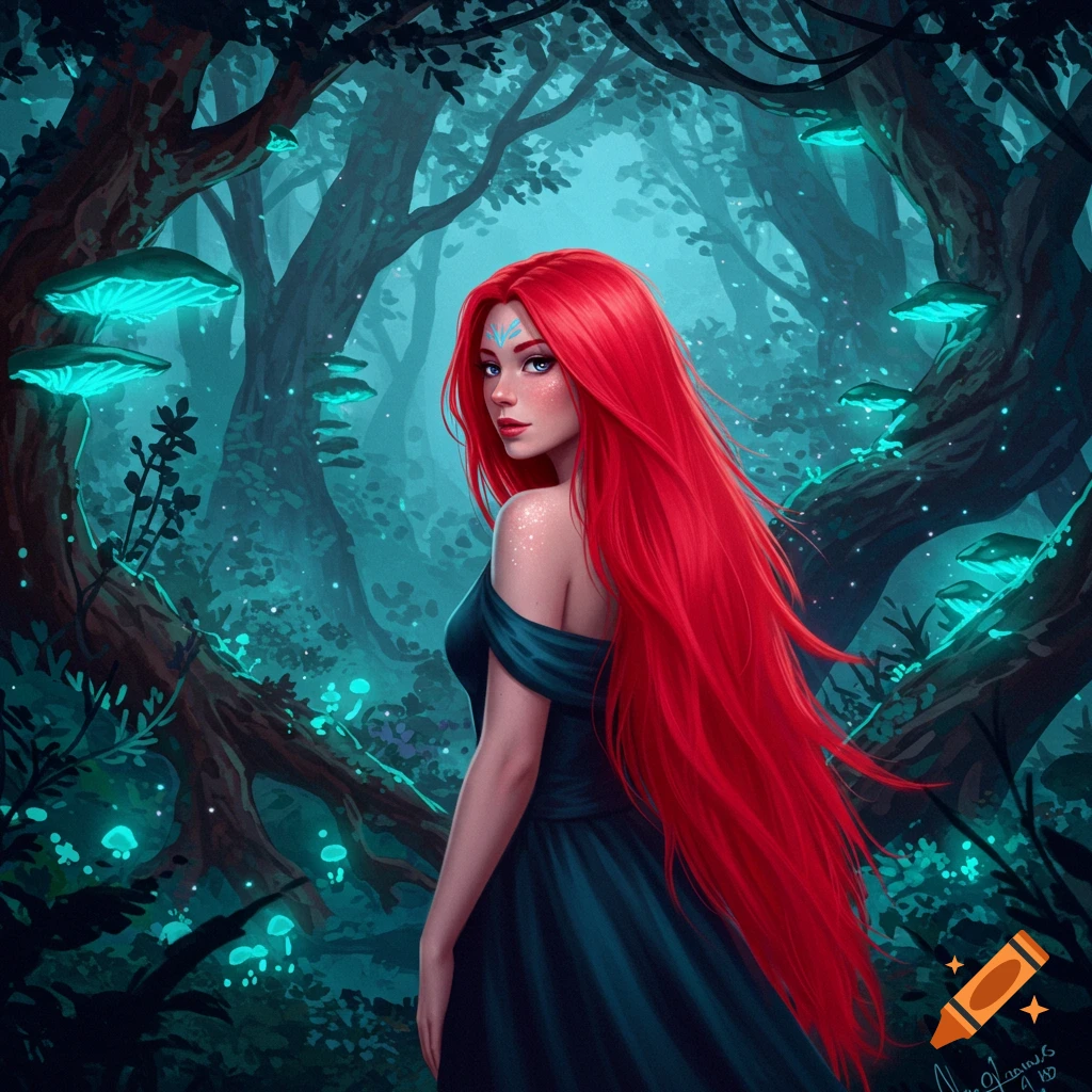 A fantasy woman with long red hair and blue eyes wears a dark dress, looking over her shoulder in a vibrant, mystical forest with glowing blue mushrooms.