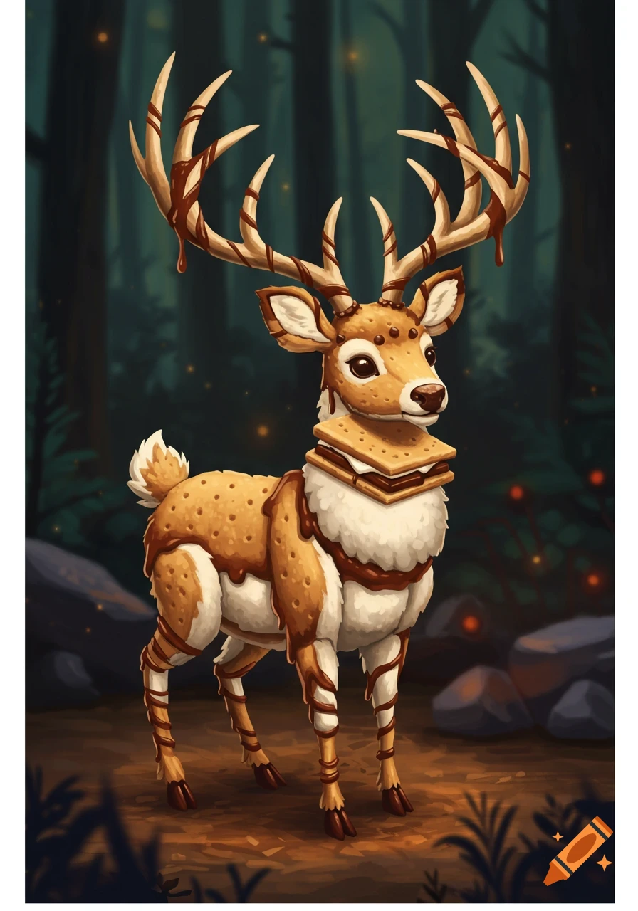 A whimsical, stylized deer made of s'mores with chocolate-drizzled antlers stands in a dark forest with glowing fireflies.