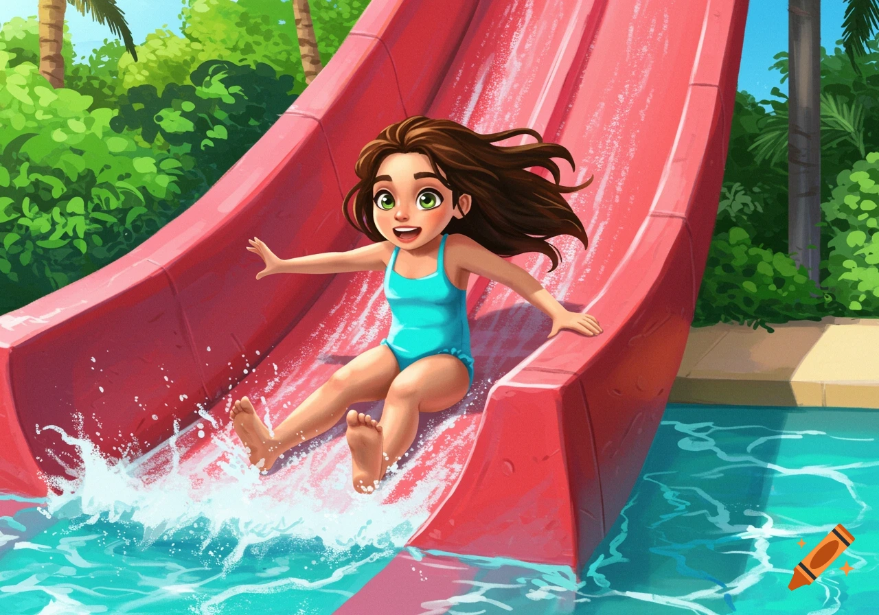 A cheerful cartoon girl in a blue swimsuit slides down a red water slide, splashing into a blue pool.