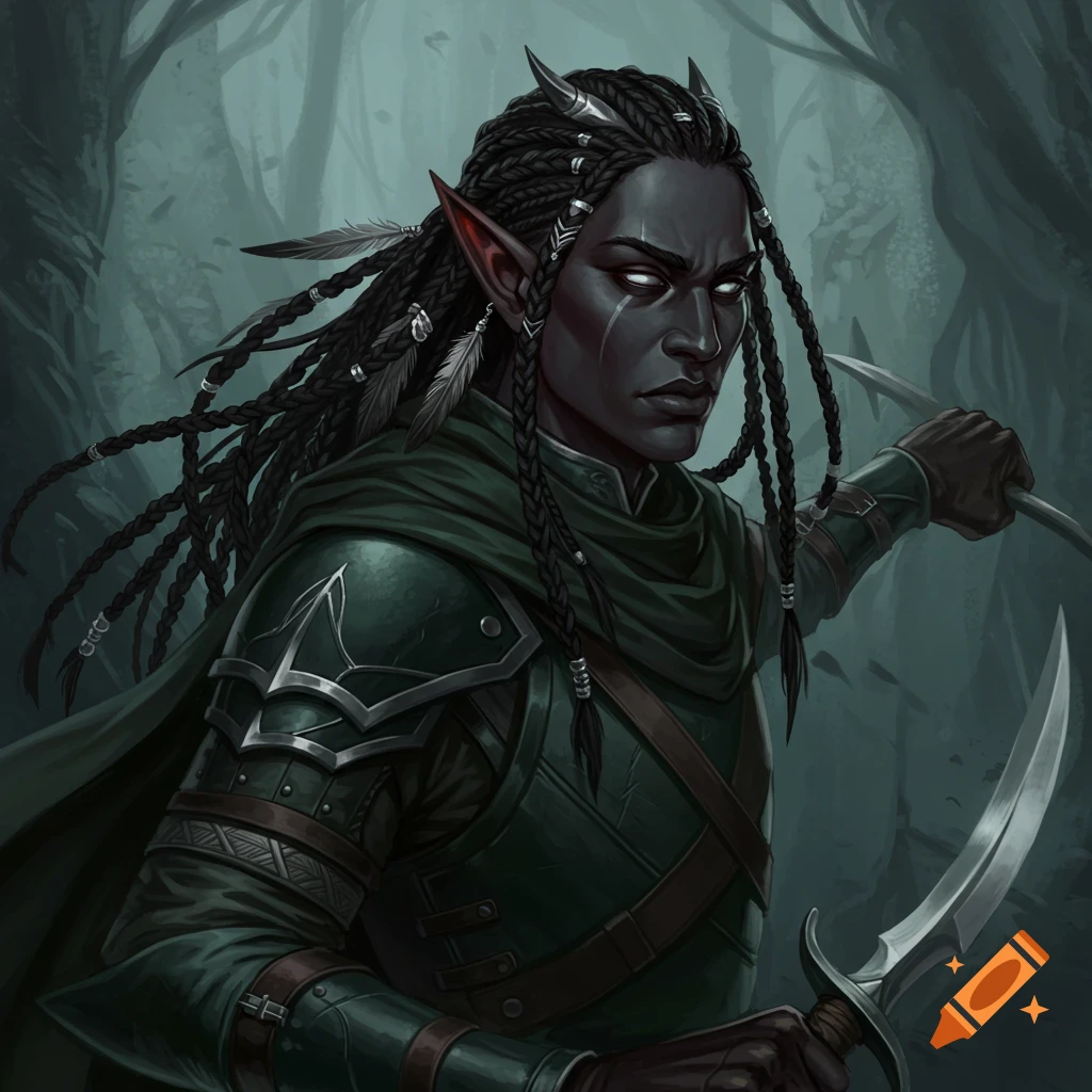 A dark-skinned fantasy elf warrior with braided hair and pointed ears, wearing green armor and holding daggers in a shadowy forest.
