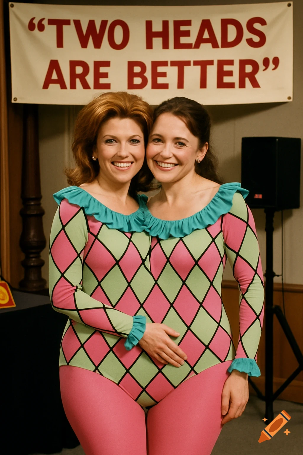 Two women in a pink and green harlequin bodysuit stand under a banner reading 'TWO HEADS ARE BETTER', smiling.