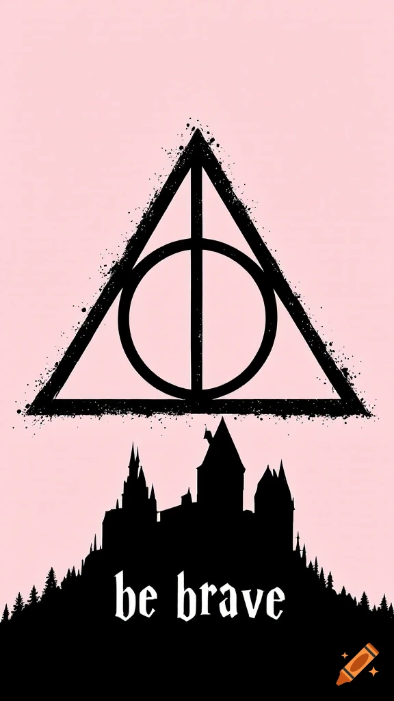 A black Deathly Hallows symbol with splatter effects above a silhouette of Hogwarts castle and trees on a light pink background. Below the castle, the words 'be brave' are written in white.