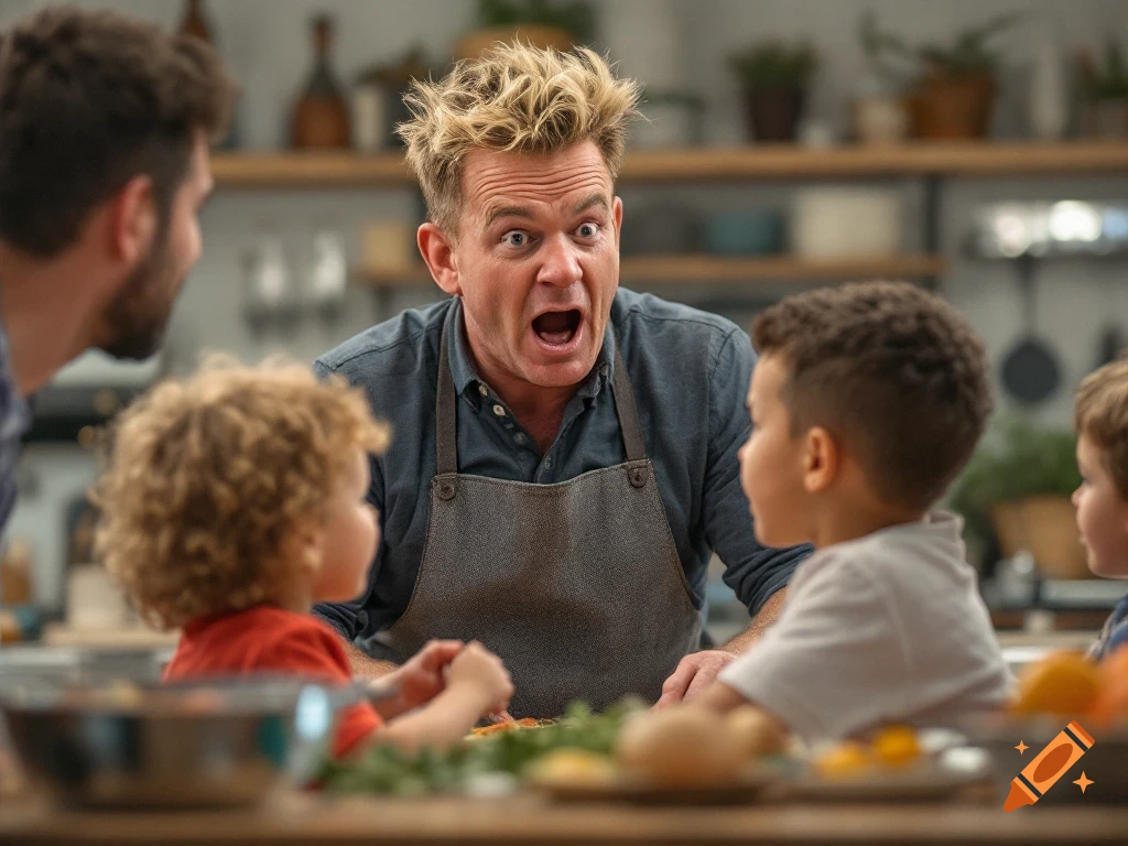 Photorealistic image of a man resembling Gordon Ramsay shouting with a wide-open mouth at two young children in a kitchen.
