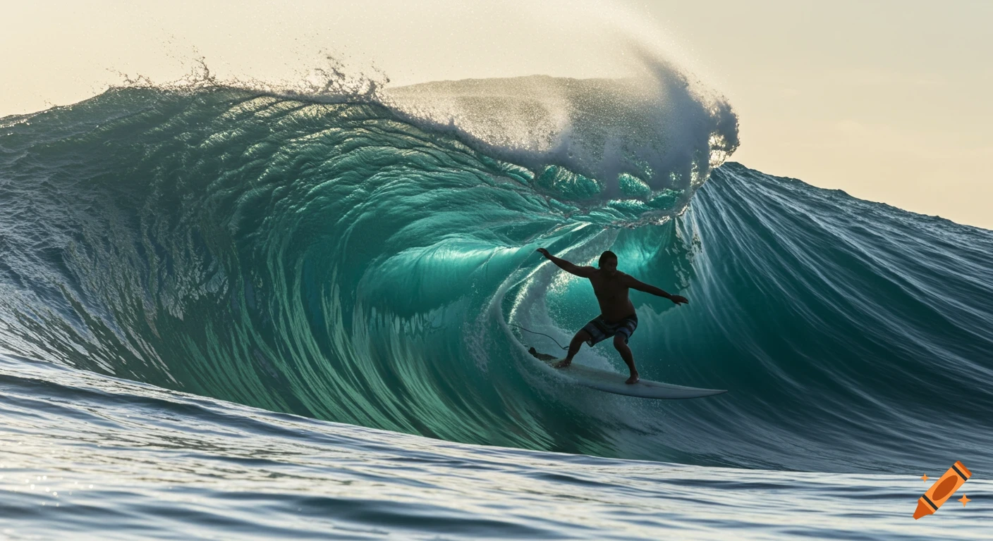 A male surfer on a longboard rides inside a large, curling turquoise wave under a bright sky with sun reflecting through the water.