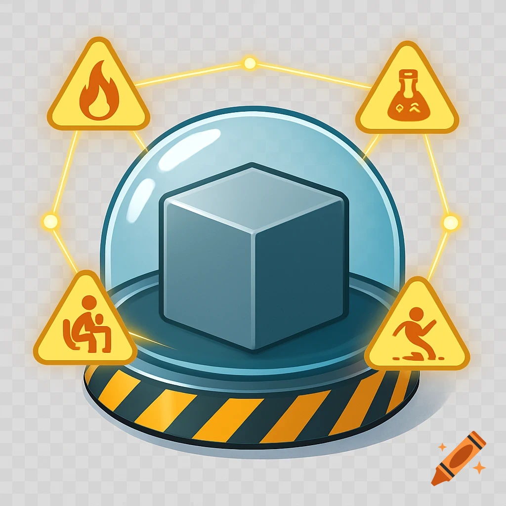 Isometric illustration of a cube in a safety dome with fire, chemical, slip, and ergonomic hazard symbols.