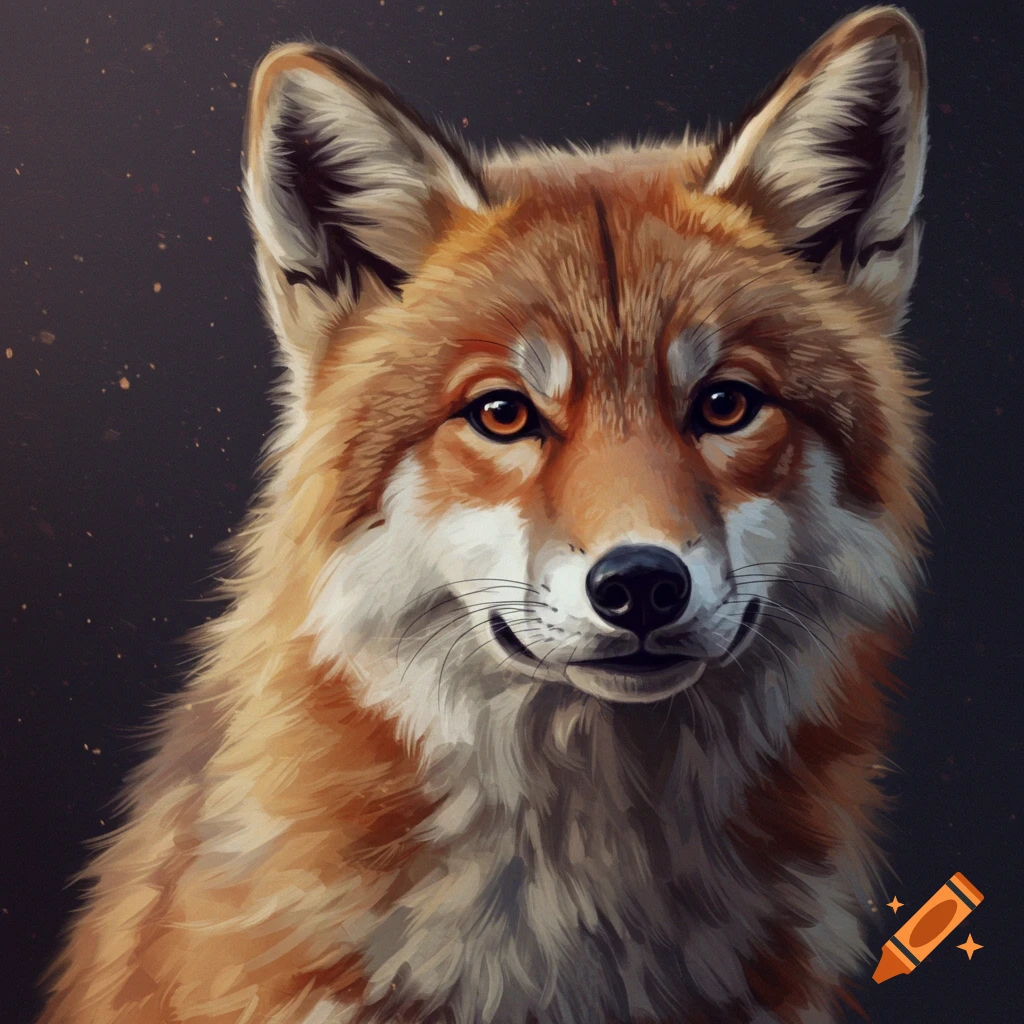 A detailed close-up portrait of a fox with reddish-brown fur and bright eyes against a dark background.