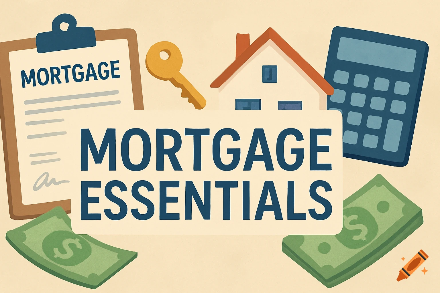An illustration featuring 'MORTGAGE ESSENTIALS' text with a clipboard, house, key, calculator, and money, depicting financial concepts.
