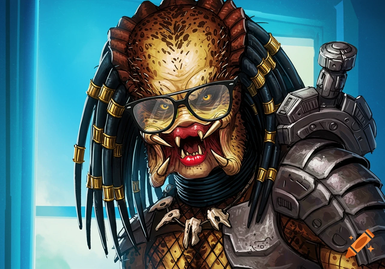 A stylized illustration of a Predator alien wearing black-rimmed glasses and red lipstick.
