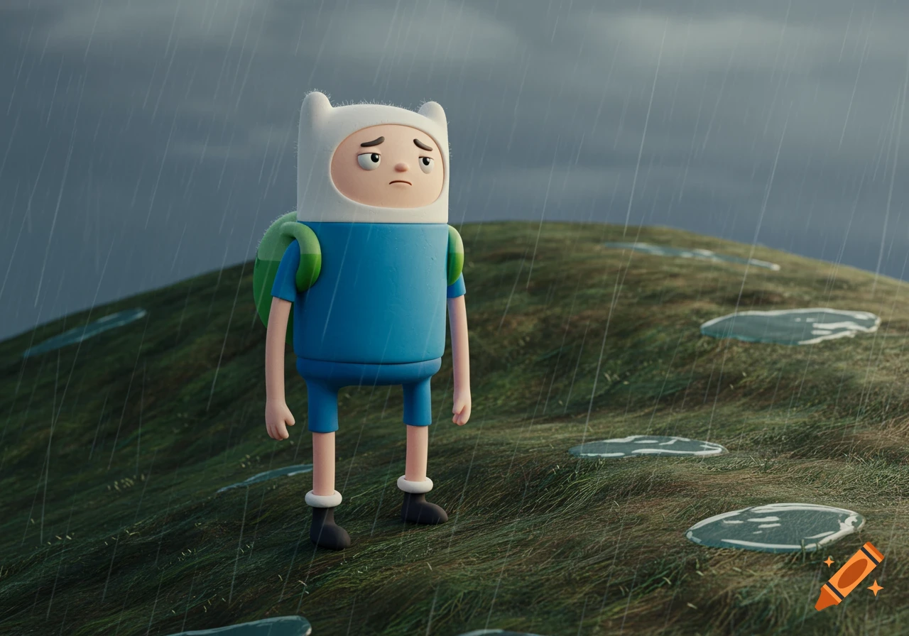 A sad Finn the Human in claymation style stands on a rainy green hill with puddles.