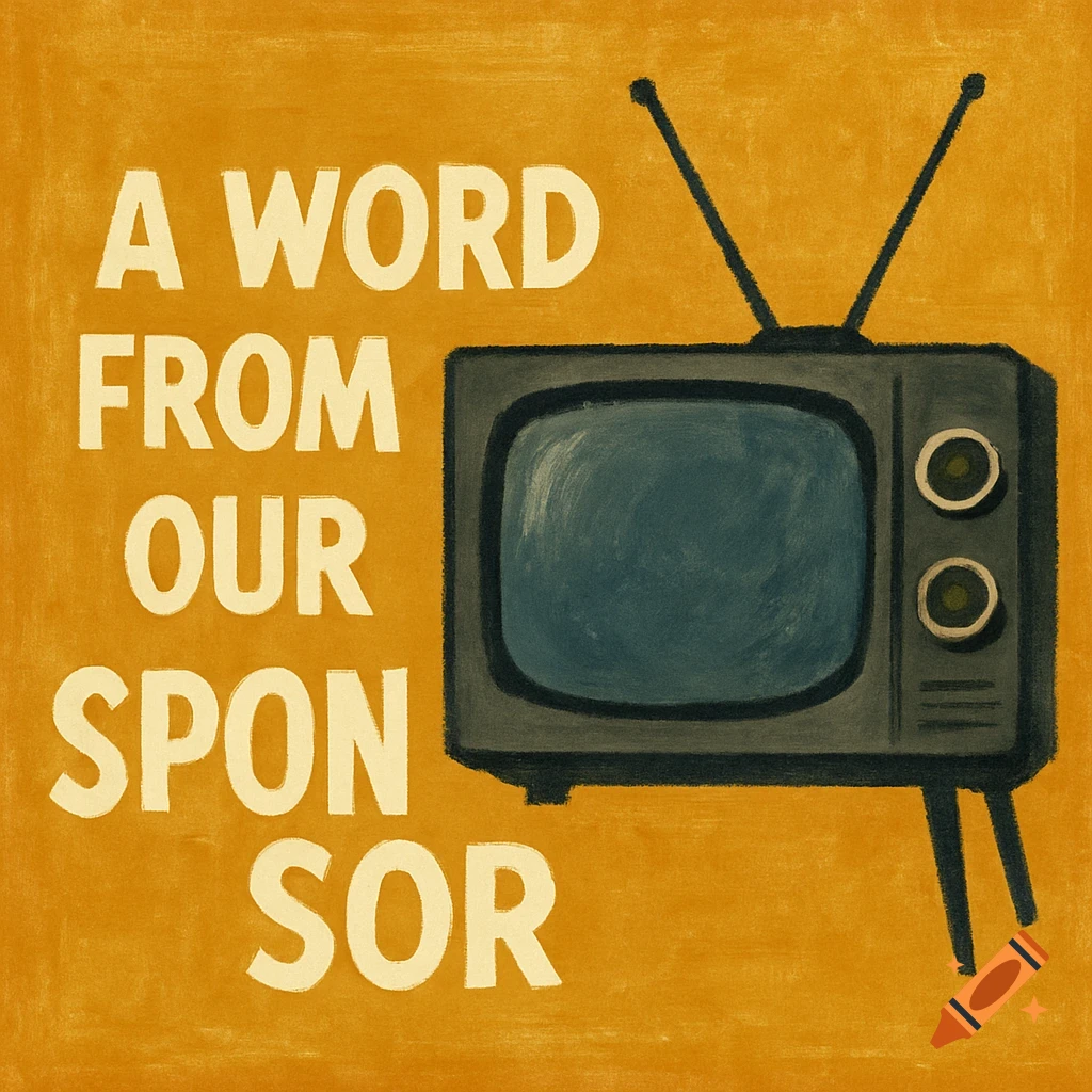 Retro illustration of an old television set with the text 'A WORD FROM OUR SPONSOR' on an orange background.