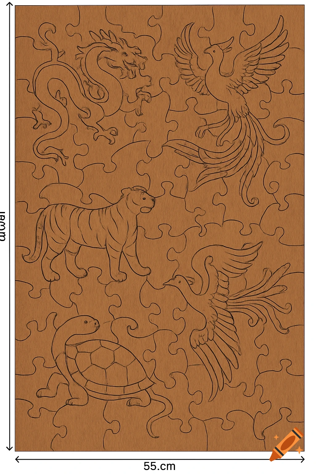 A wooden jigsaw puzzle cutting design featuring outlines of a dragon, two phoenixes, a tiger, and a turtle, with dimension labels.