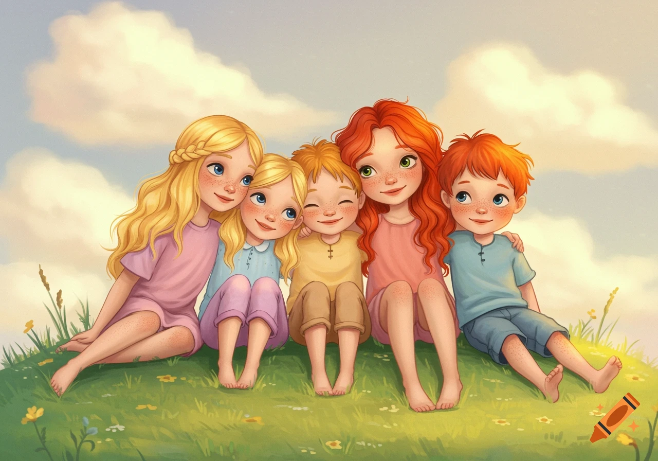 Five cheerful children, including blonde and red-haired siblings, sit together on a grassy hill under a cloudy sky in a cute illustration.