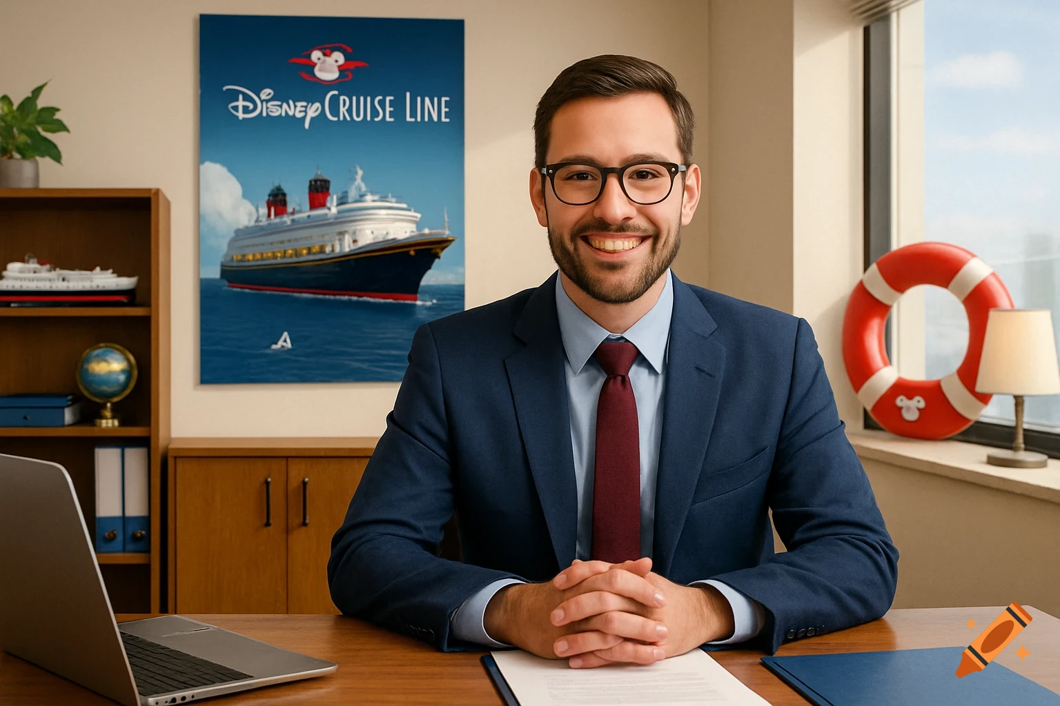 A smiling man in a suit sits at an office desk with a laptop, documents, and a Disney Cruise Line poster behind him.