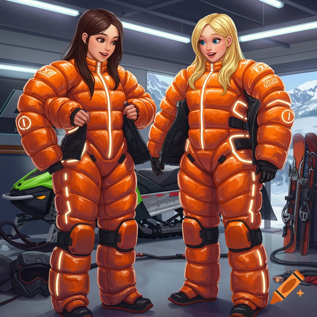 Two young women in bulky, bright orange, futuristic padded snowmobile suits with glowing lines, standing in a garage with a snowmobile and skis in the background. Art style is anime-like.