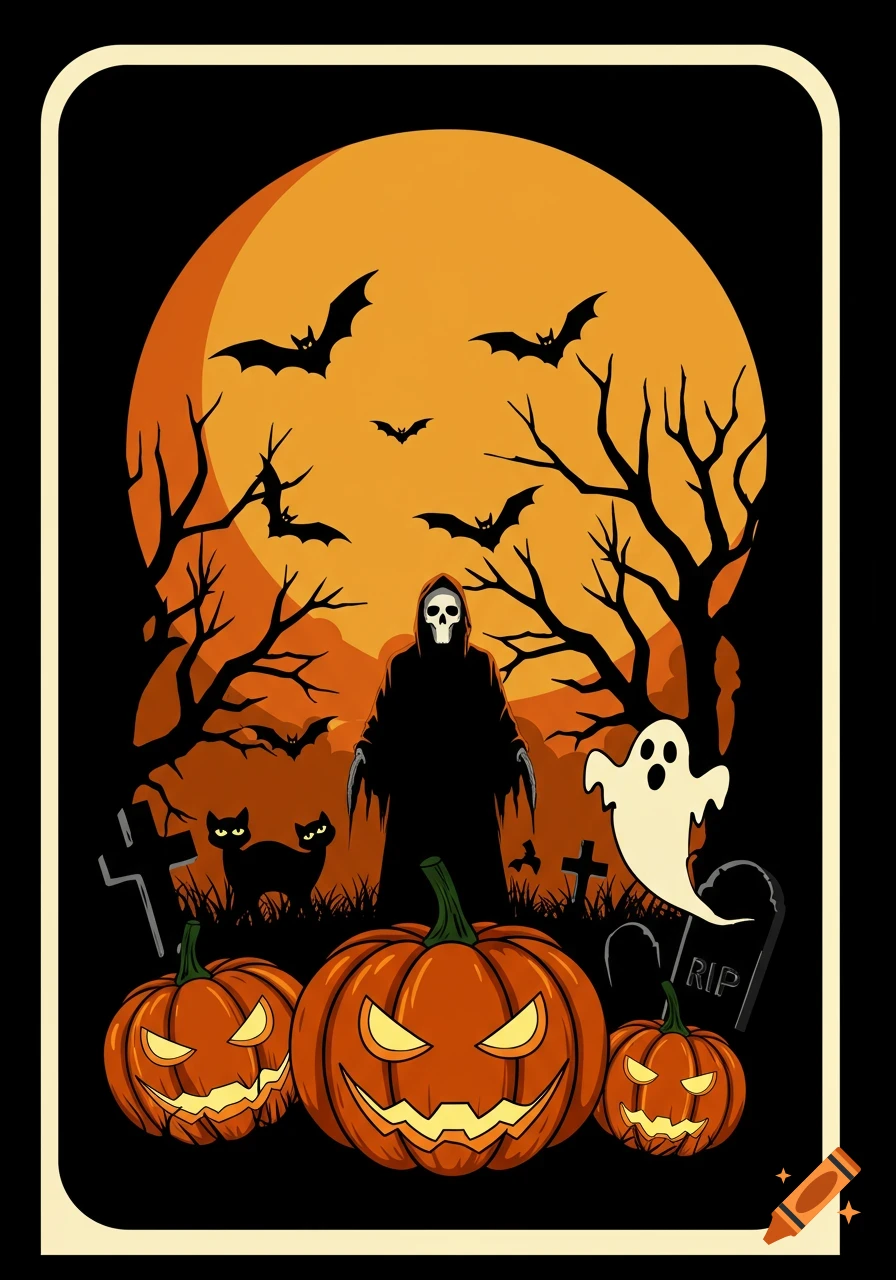 A retro Halloween illustration features a grim reaper, bats, black cats, a ghost, pumpkins, and gravestones under an orange full moon.