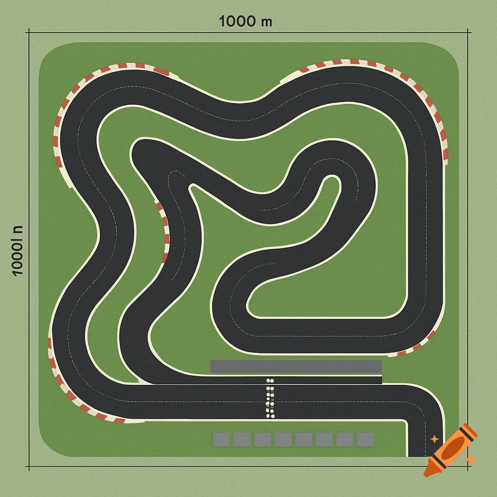Top-down view of a winding black racetrack with red and white curbs on a green field, marked with 1000m x 1000m dimensions.