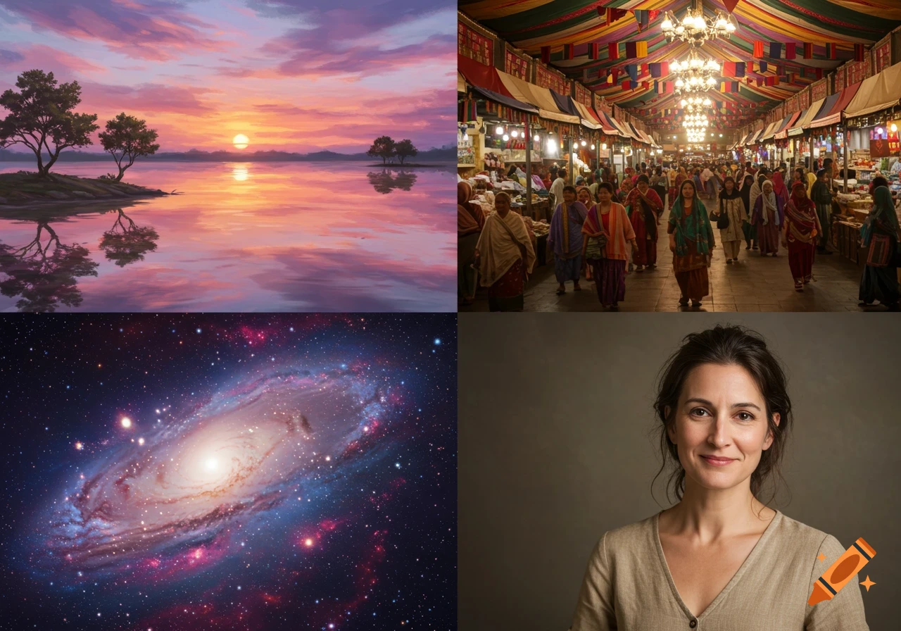 A 2x2 collage featuring a sunset landscape, a bustling market, a spiral galaxy, and a portrait of a smiling woman.