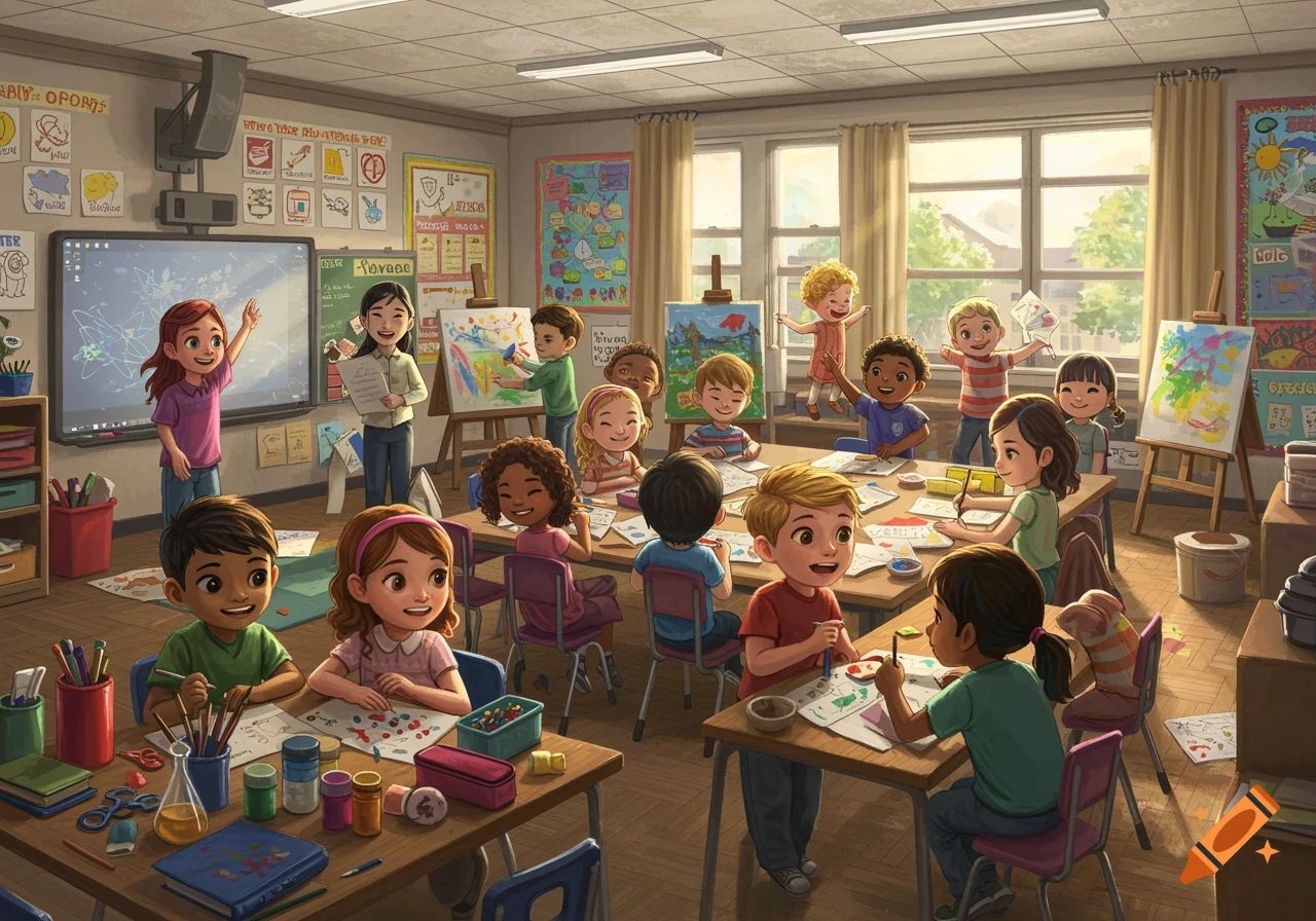 A vibrant illustration of a busy second-grade classroom, with diverse children engaged in drawing, painting, and collaborating.