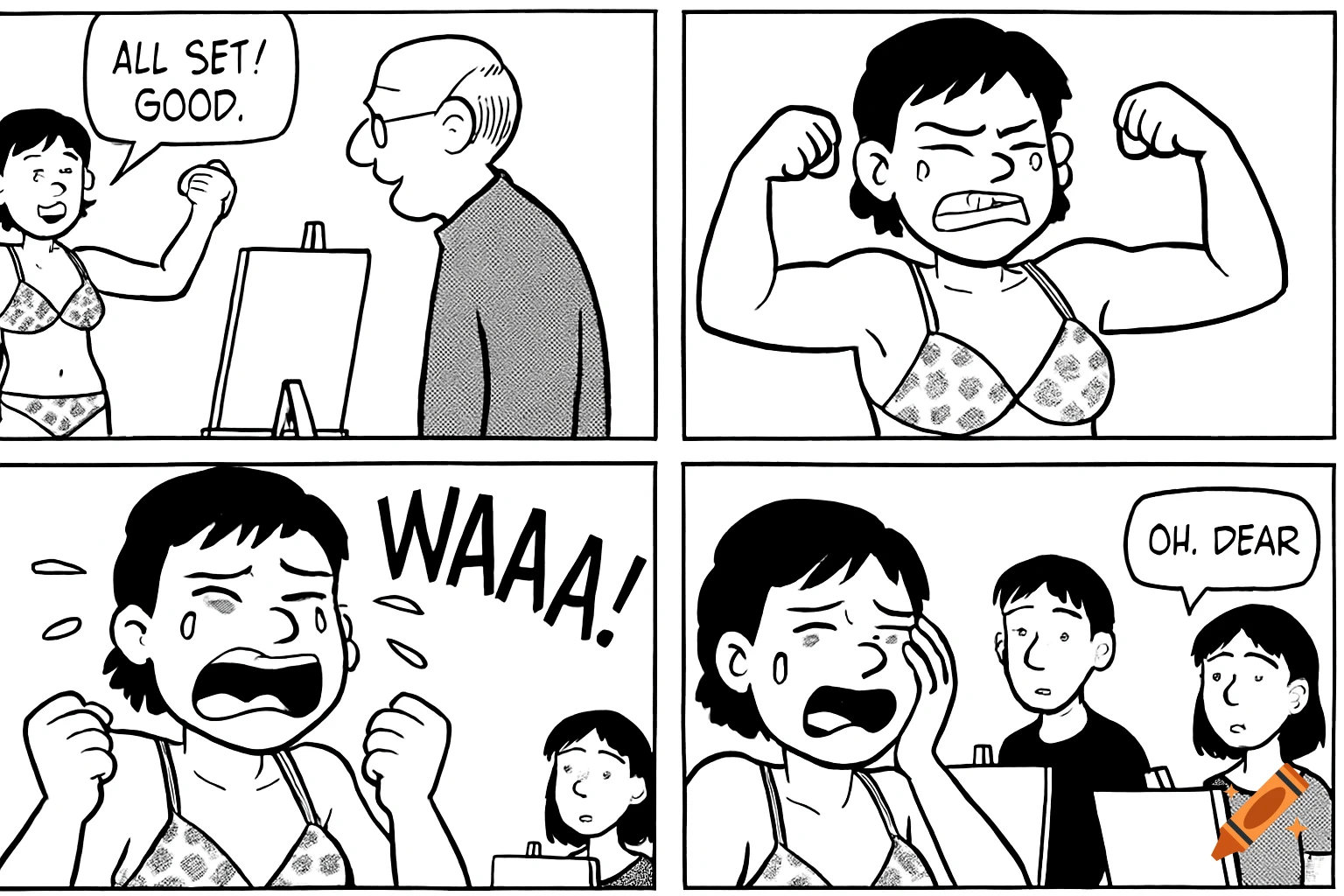 A black and white comic strip depicts a woman posing in a bikini, flexing, then crying, and being observed by others.