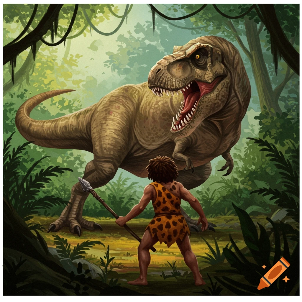 A caveman with a spear faces off against a large T-Rex in a lush, green jungle, in an illustrated style.