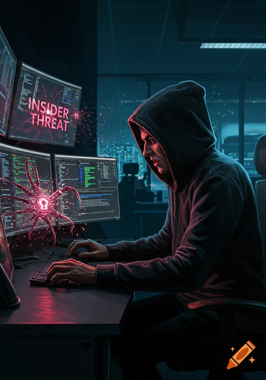 A lone hacker in a dark room works on multiple computer screens displaying code and "INSIDER THREAT," with a red glowing data structure.