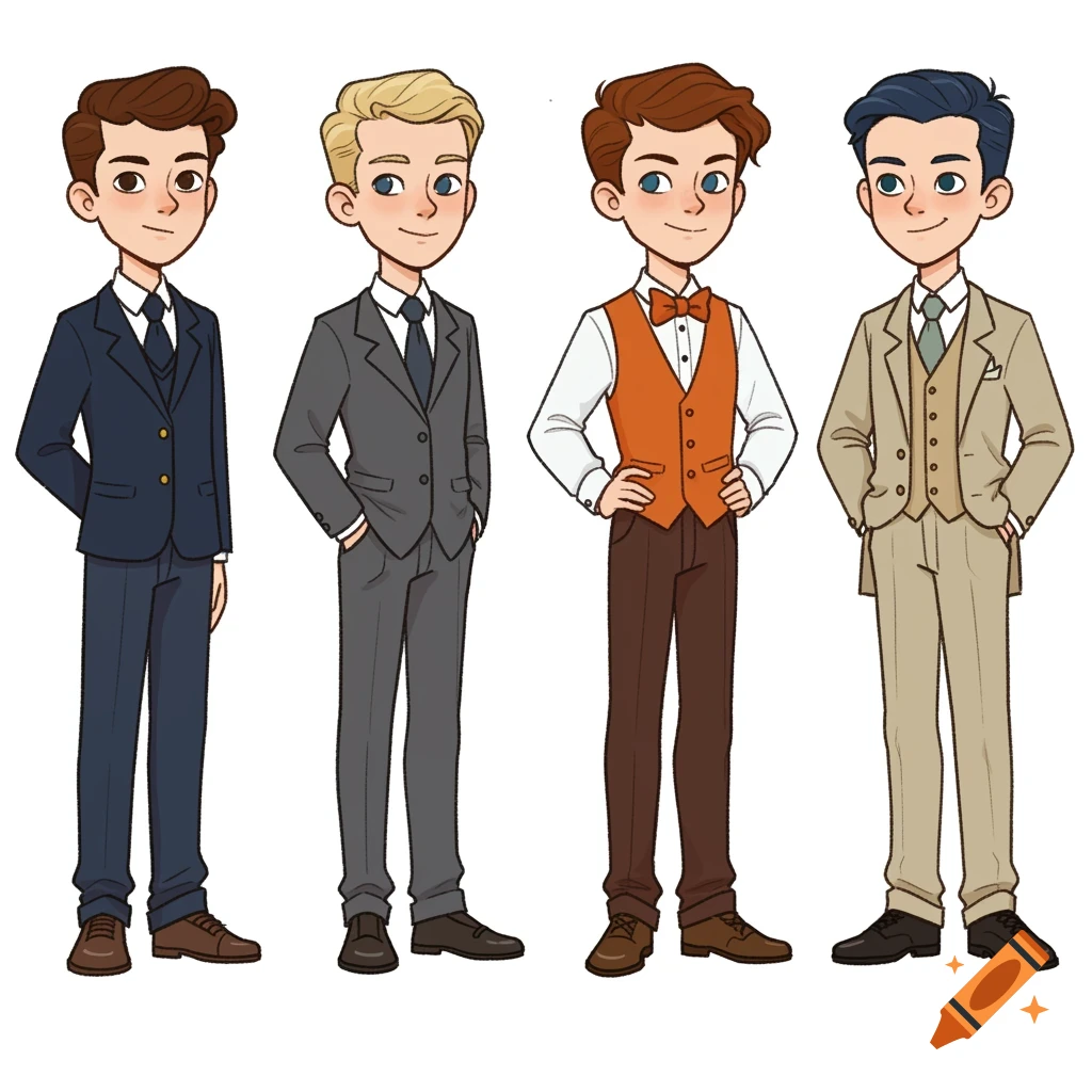 Four cartoon boys in formal attire standing on a white background, each with a distinct suit and hairstyle.