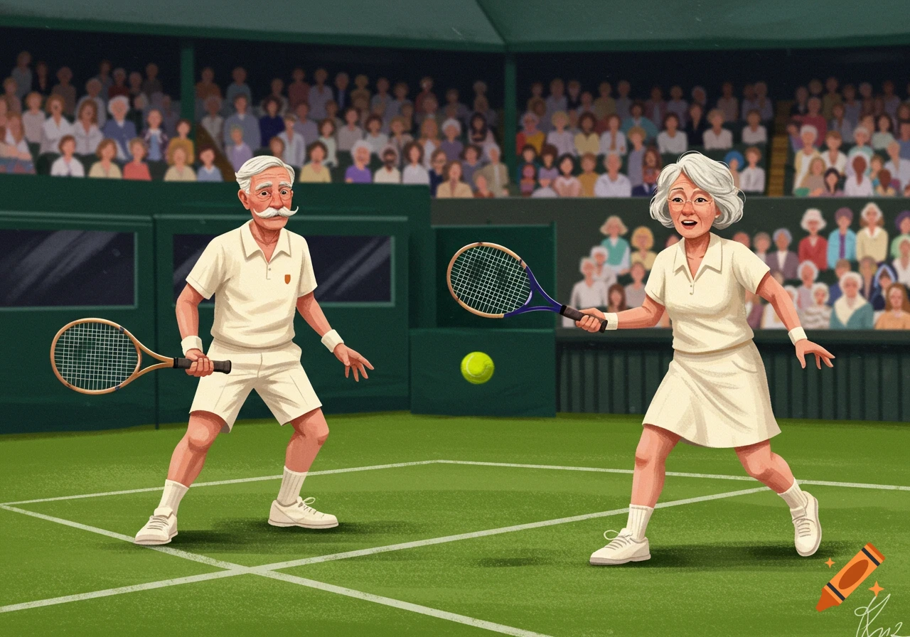 An illustration of two elderly people playing tennis on a green court in a stadium with a crowd.